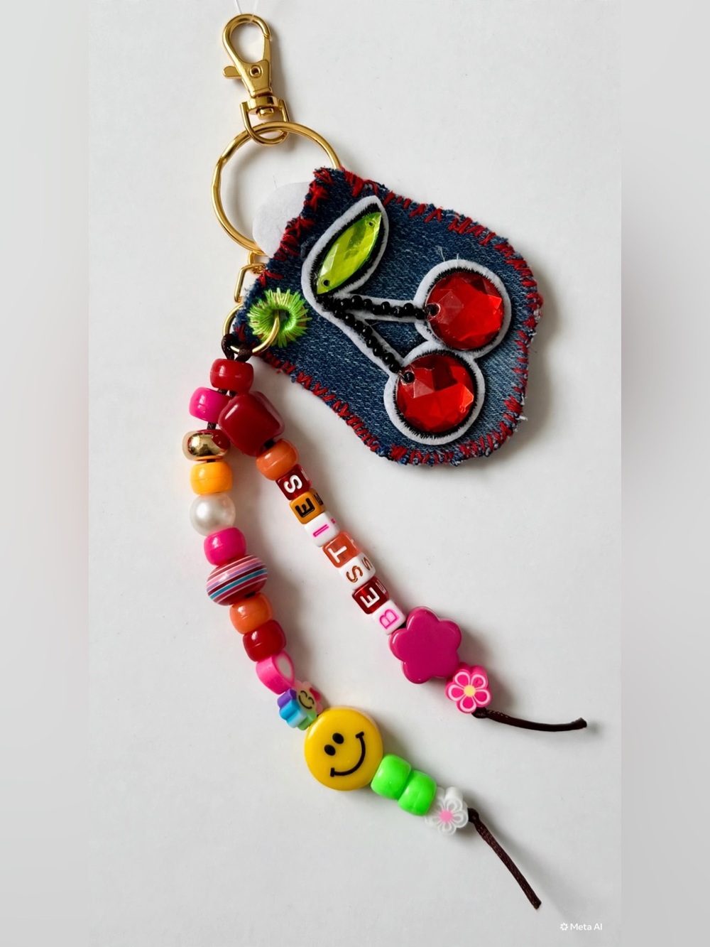 Handmade BeSTies Pink & Red Cherry Denim Keychain for Kids
